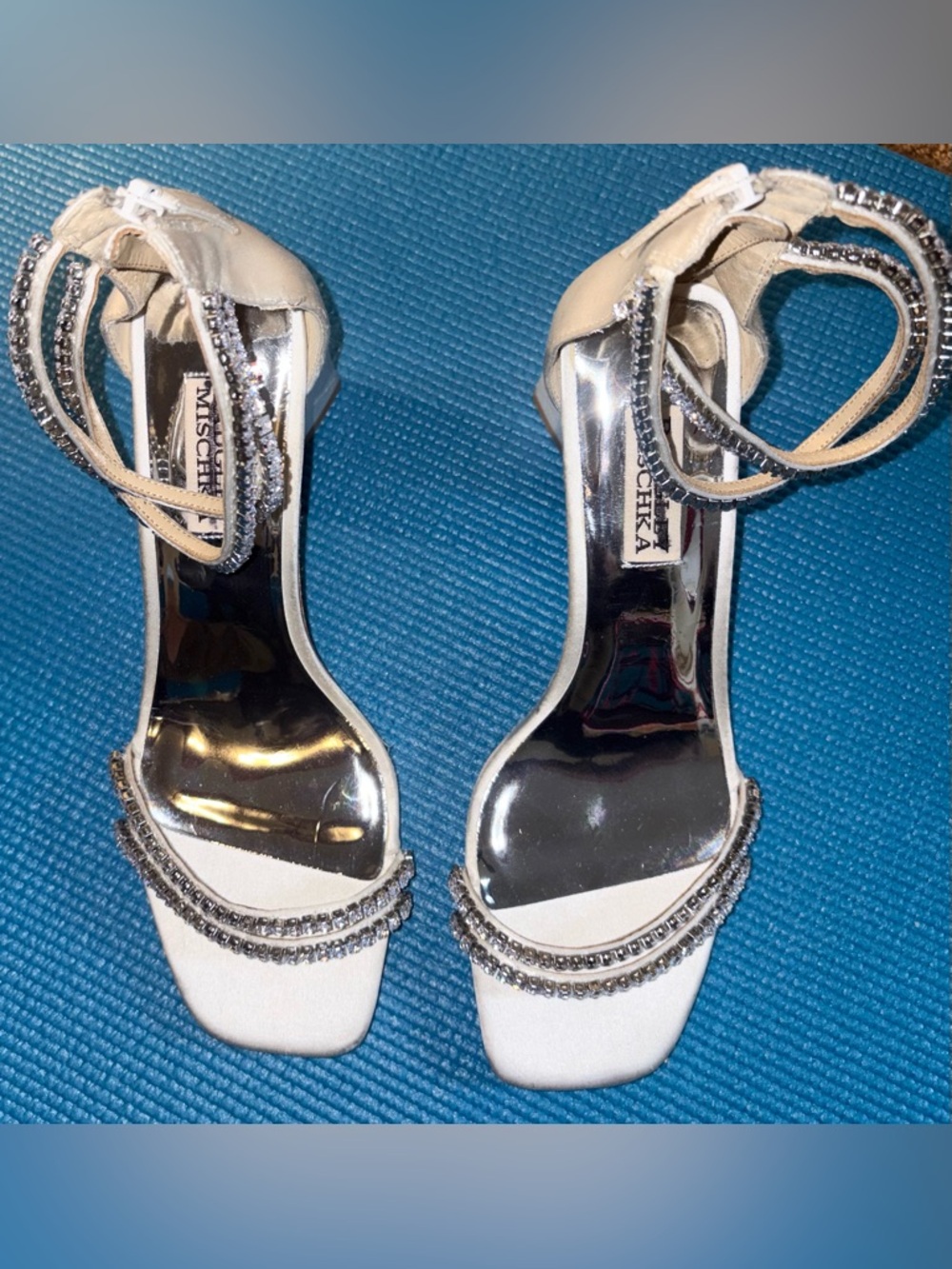 Rhinestone & Ivory Heels Size 7.5 Silver Open Toe Block Heel